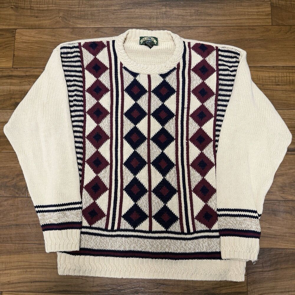 Vintage 90s Geometric Cable Knit Croft And Barrow Aztec Mens Size Large Tall